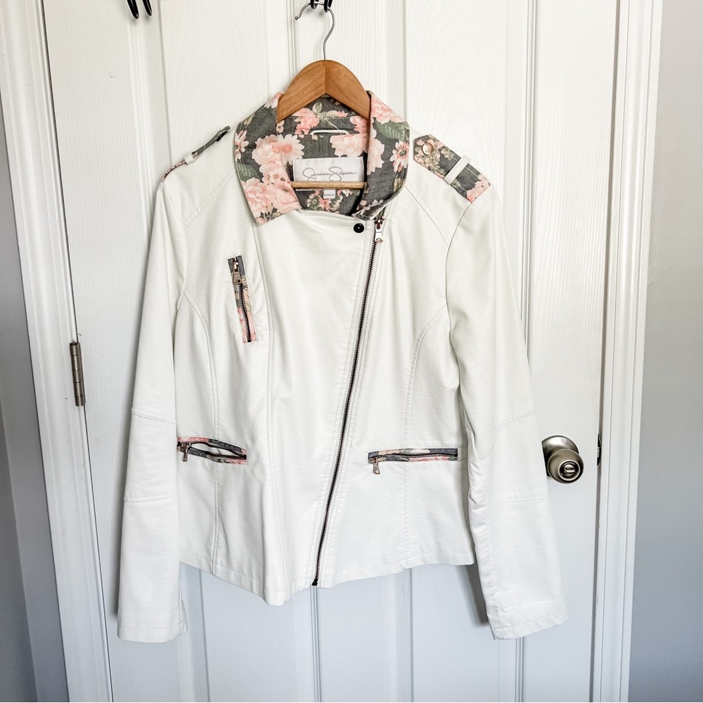 Jessica Simpson Vegan Leather Jacket - Size XL - White with Pink & Gray Floral